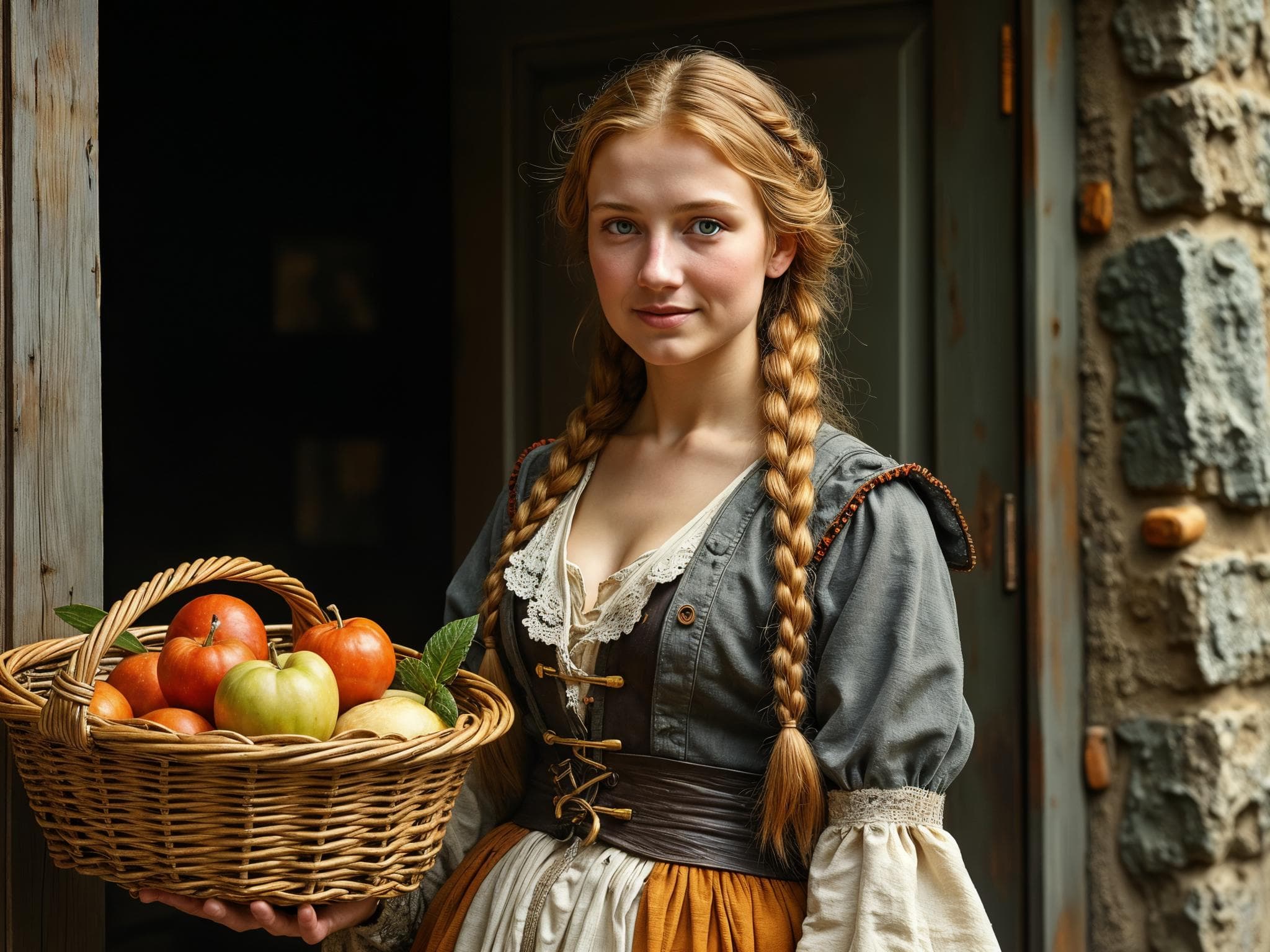 A gorgeous blonde Norwegian woman with very long braided hair stands on a porch. She is carrying a basket with food in one arm