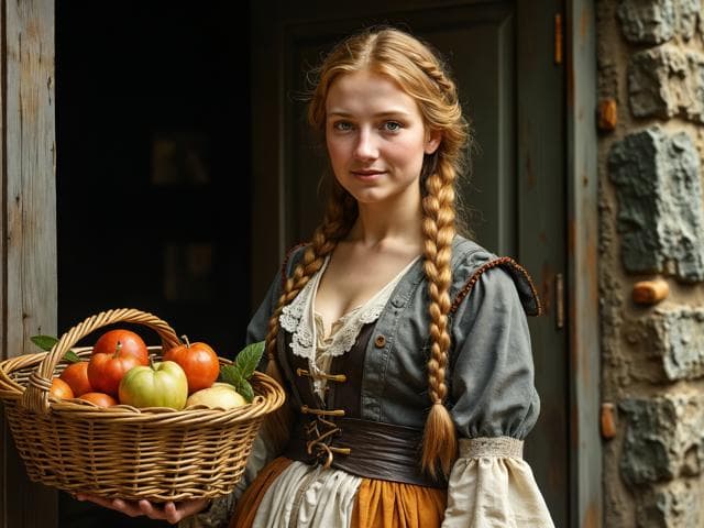 A gorgeous blonde Norwegian woman with very long braided hair stands on a porch. She is carrying a basket with food in one arm