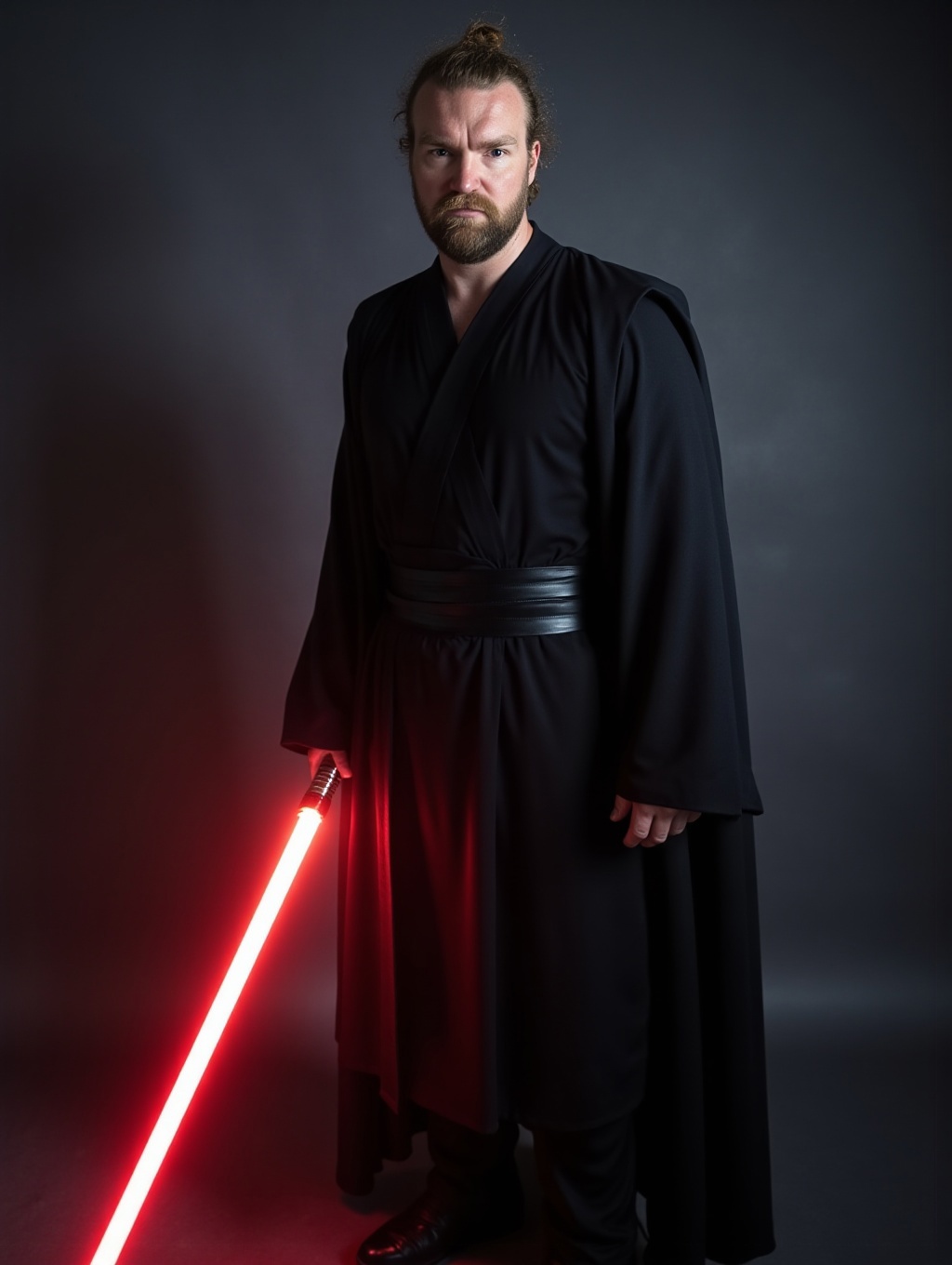 An image of the same man as in the selfies, wearing a dark long robe and holding a red lightsaber