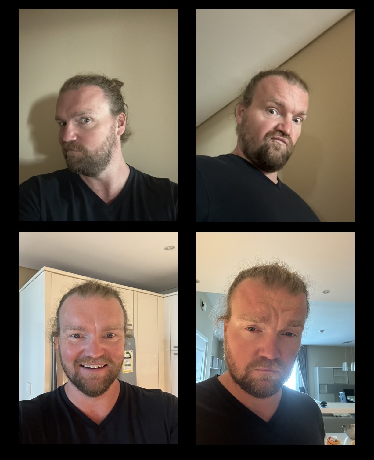 A collage of four selfies of a man with different facial expressions, all shot in an apartment