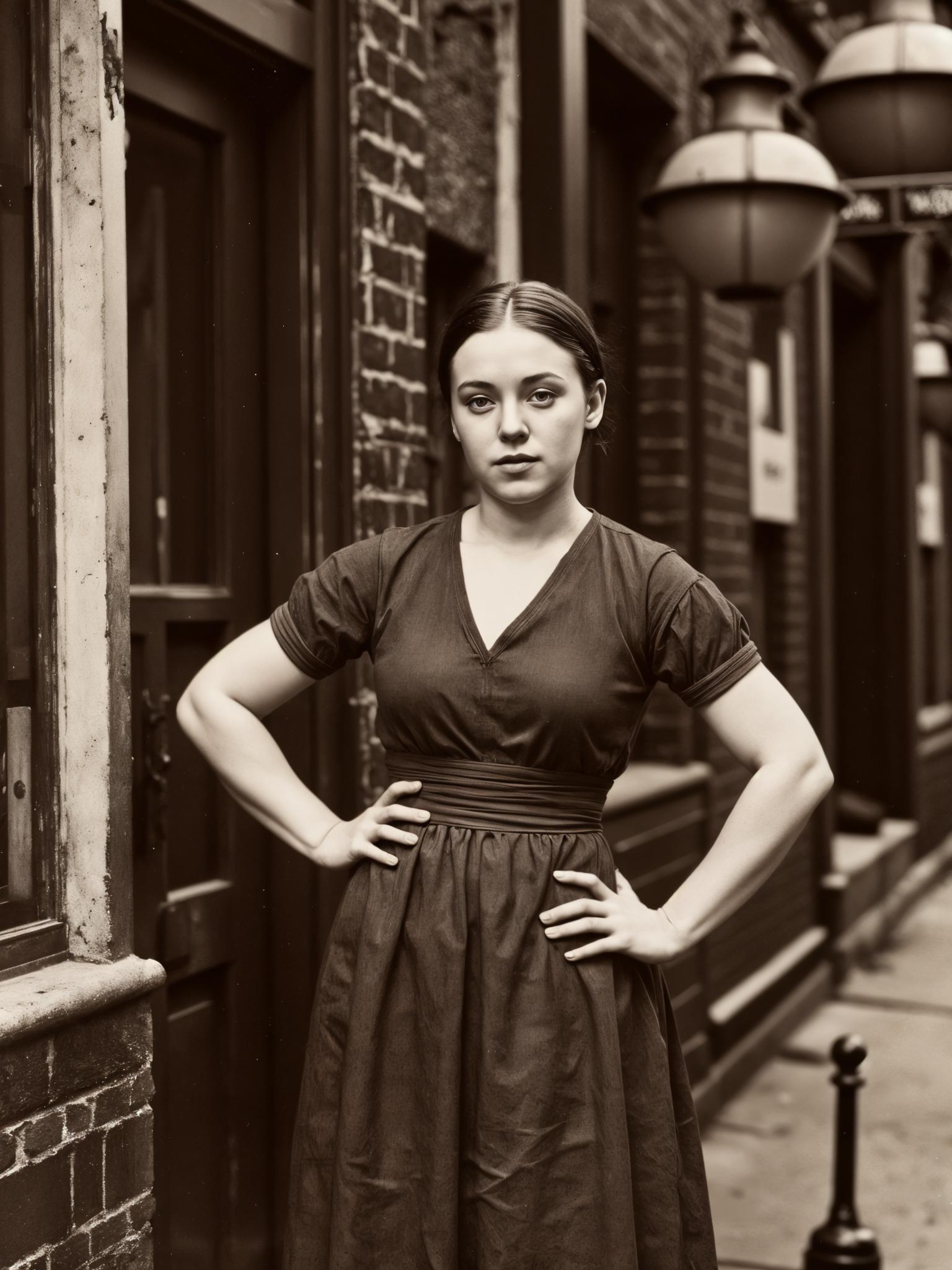A professional portrait of a woman wearing a 1900s dress. In the background, a barber shop with a sign that reads "photo vortex"