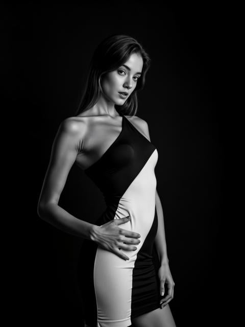 A professional portrait of a woman wearing a modern black and white dress.