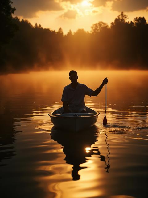 A highly detailed cinematic photograph of a man sitting calmly on a boat on a serene lake, vivid color, golden hour, reflections. Chiaroscuro, asymmetrical composition, perspective view. Intricate light and shadow play.