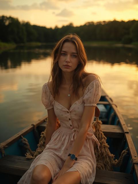 A highly detailed cinematic photograph of a young woman wearing a summer dress sitting calmly on a boat on a serene lake, vivid color, golden hour, reflections. Chiaroscuro, asymmetrical composition, perspective view. Intricate light and shadow play.