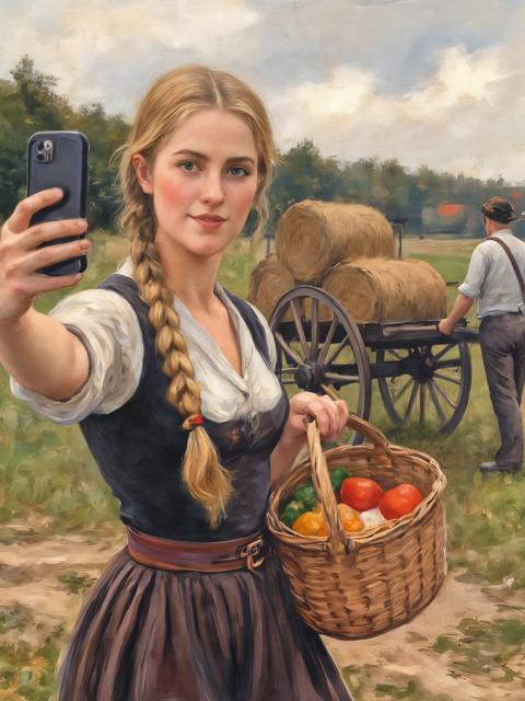 A wide view painting of a gorgeous blonde Norwegian woman with very long braided hair. She is carrying a basket with food in one arm, taking a selfie using an iPhone using the other. In the background, men are loading hay bales on to an old carriage