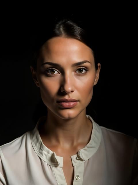 A professional high-quality portrait of a latina woman wearing a white blouse. Her facial expression is neutral, with a slight upward tilt of the lips. The lighting is soft and natural, highlighting the contours of her face and emphasizing the texture of her skin. Extremely high-resolution details, photographic, realism pushed to extreme, fine texture, incredibly lifelike