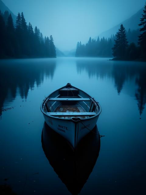 A highly detailed cinematic photograph of a boat on a serene lake, vivid color, blue hour, reflections. Chiaroscuro, asymmetrical composition, perspective view. Intricate light and shadow play.