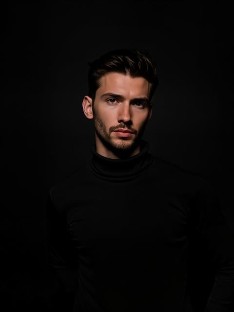 A young bearded man wearing a black turtleneck staring at viewers in Rembrandt Lighting style. Extremely high-resolution details, photographic, realism pushed to extreme, fine texture, incredibly lifelike