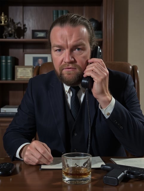 A mobster boss with a stern facial expresion, sitting behind a desk in a tailored suit with pinstripes is smoking a cigar, a phone in one hand. On the desk, there is a tumbler of whisky in a crystal glass and a pistol.