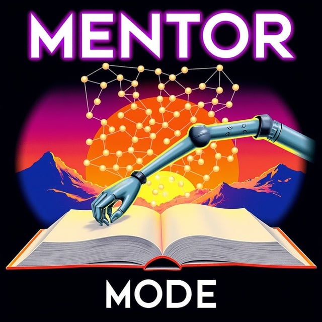A stylized, vibrant illustration of a blooming network of interconnected nodes, representing a knowledge graph, emanating from an open book. A futuristic robotic arm gently holds the book. The background features a sunrise breaking through a stylized mountainous landscape, symbolizing new horizons. At the top, in glowing purple letters it says "MENTOR", at the bottom "MODE"